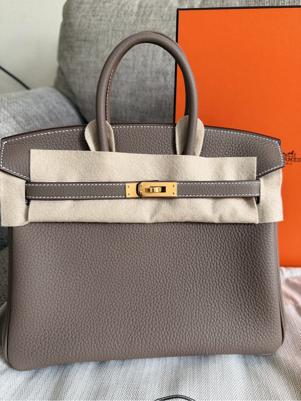 NEW w/ Receipt  HERMÈS Etoupe GHW Birkin 25 Togo Retourne , Stamp G-2026